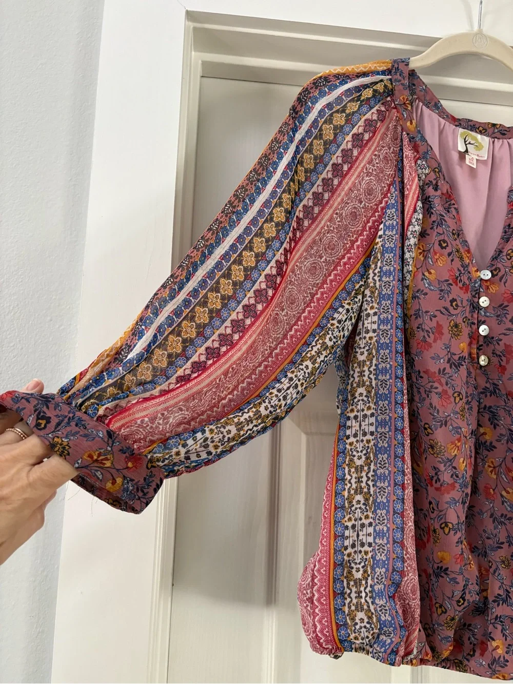 fig and flower Pink Mauve Multi-Print Boho Peasant Top - Picture 2 of 11
